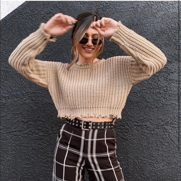 Sweaters - Oatmeal Cropped Knit Sweater